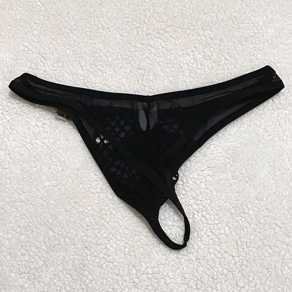 Jockmail Large (30-32) Fishnet Thong Black Sheer Mesh Low Rise Underwear JM220